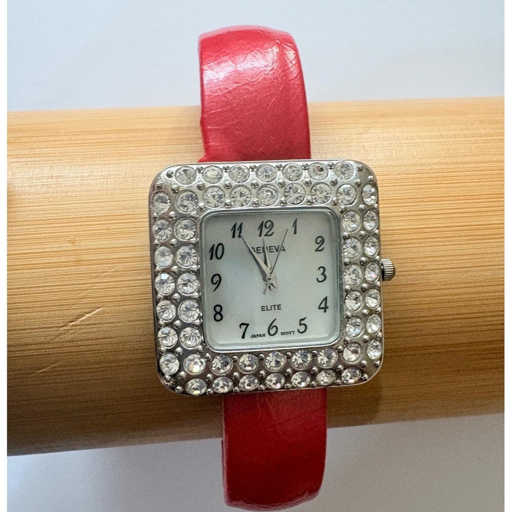 Geneva‎ Elite 1182 Womens Square Crystal Bezel Red Cuff Bangle Watch Japan Movt
